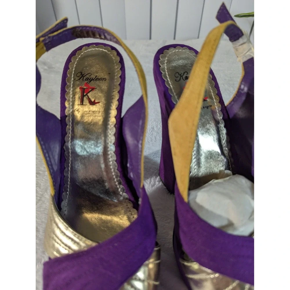 Kayleen Platform Sandals Women 8 Purple Gold Good Chunky Block Heel Slingback